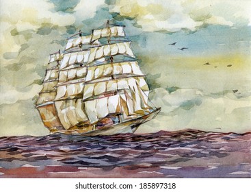 Watercolor Illustration The Old Sailing Ship On The Sea Horizon On The Sunset