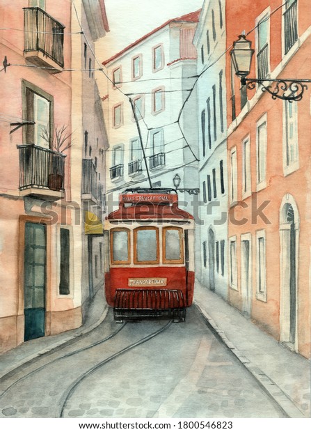Watercolor illustration of an old town street with\
some houses and a red\
tram\
