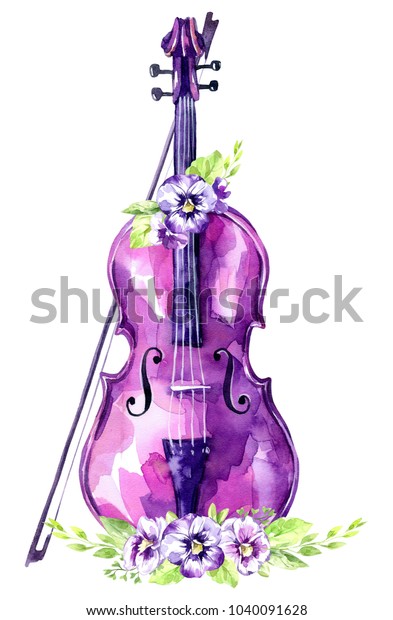 水彩イラスト パンジーな花を持つ古いバイオリン 骨董品 紫色の背景に音楽 の春のコレクション クリップアート Diy スクラップブッキングエレメント ホリデーデコレーション のイラスト素材