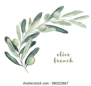 Watercolor illustration with olives sprig branch