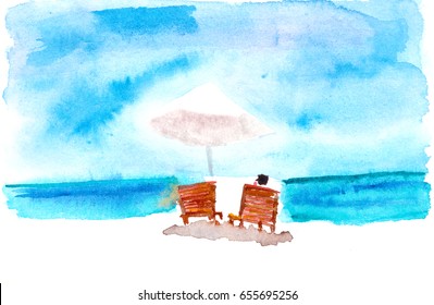 Watercolor illustration on a theme of rest, holidays, travel. People on the beach on the sun loungers on a sunny day under an umbrella. - Powered by Shutterstock