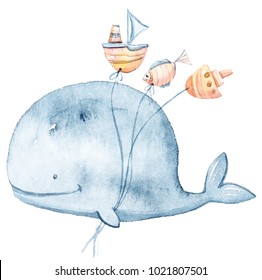 Watercolor illustration on white background. Cute dolphin with air balloons