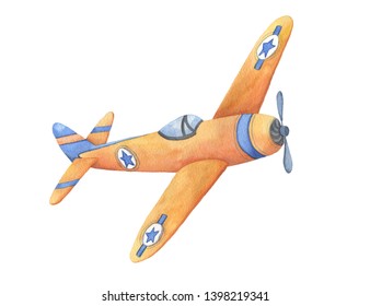 Watercolor Illustration 
On White Background With Vintage Airplane. Hand Drawing. Perfect For Card, Poster, Baby Design. 