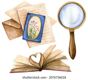 Watercolor illustration: open book, magnifying glass and old letters. 
