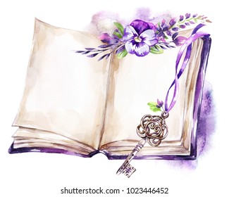 Watercolor illustration. Opened old book with a ribbon, pansy, leaves and key. Antique objects. Spring collection in violet shades. ClipArt, DIY, scrapbooking elements. Holiday Decoration.