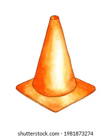 Watercolor Illustration Of An Orange Cone. Hazard Warning Road Sign. Sports Equipment Football Training Cone. Isolated On White Background. Drawn By Hand.