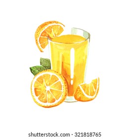 Watercolor illustration with orange and orange juice