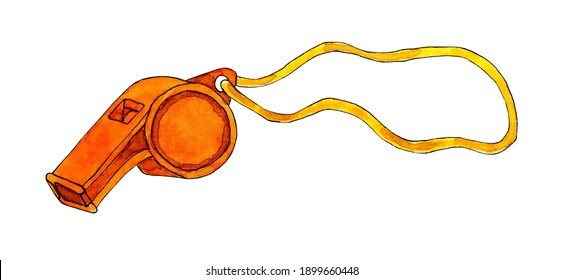 Watercolor illustration of an orange sports whistle on a yellow rope. Sports whistle or blower concept icon. The referee's whistle is metallic. Isolated on white background. Drawn by hand.