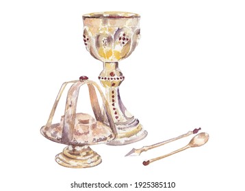 Watercolor Illustration.  Orthodox Communion, Eucharist, Liturgy, Sacrament.  Easter Service