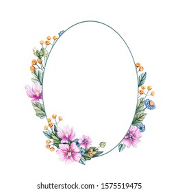 Watercolor Illustration Oval Frame Wildflowers Wedding Stock ...