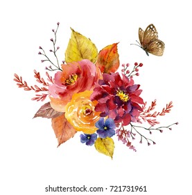 Watercolor Illustration. Painted Autumn Composition Of Flowers With Butterfly. Element For Design