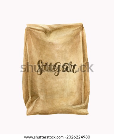 Watercolor illustration, painting. Isolated object on white background. Food drawing, baking ingredients, dessert. Food preparation, recipes. Kraft bag, packaging design. Handwritten inscription sugar