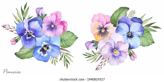 Watercolor Illustration. Pansies On A White Background. Spring Bouquet.