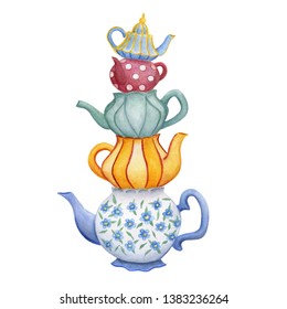 Watercolor illustration in pastel colors  Bunch vintage teapots white background 