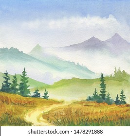 Watercolor Illustration With Path, Spruce Trees, Mountains In Fog And Blue Sky