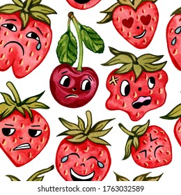 怒ったイチゴと悲しい桜の柄の水彩イラスト ベリーのキャラクター 差別 漫画 かわいい 食べ物のカラフルな背景 果物の壁紙 のイラスト素材 Shutterstock