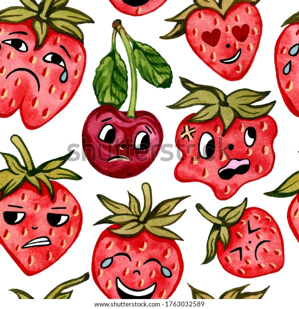 怒ったイチゴと悲しい桜の柄の水彩イラスト ベリーのキャラクター 差別 漫画 かわいい 食べ物のカラフルな背景 果物の壁紙 のイラスト素材