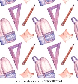 Watercolor Illustration Pattern School Backpack, Rulers And Pen Drawn Isolated On White Background