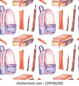 Watercolor Illustration Pattern School Backpack, Books And Pen Drawn By Hand Isolated On White Background