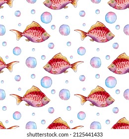 Watercolor Illustration Pattern Of Small Red Fish With And Bubbles. Seamless Repeating Print Of An Aquarium Fish. Sea Life. Home Pet. Isolated On White Background. Drawn By Hand.