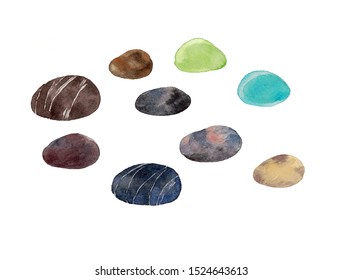 Watercolor illustration. Pebble. Sea stones collection isolated on white background.