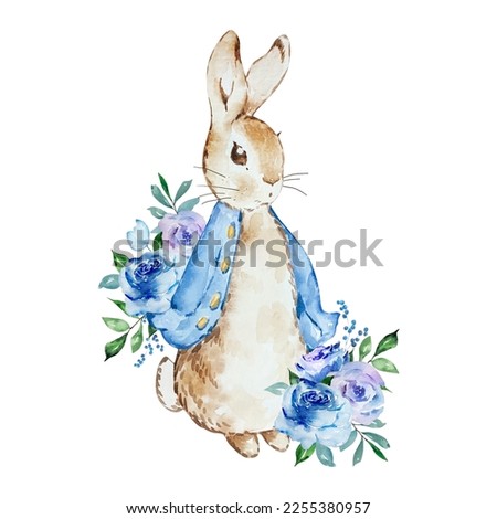 Watercolor illustration of peter rabbit with a bouquet of blue flowers for holiday design