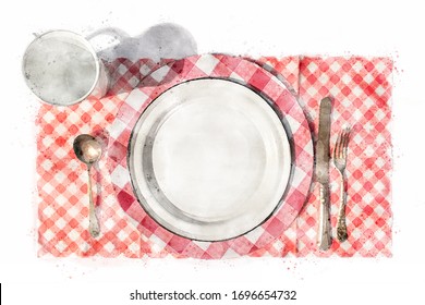 Watercolor Illustration Of Picnic Table Place Setting With Copy Space Flat Lay