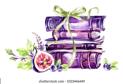 Watercolor illustration. A pile of old books with a bow, figs, leaves and berries. Antique objects. Spring collection in violet shades. ClipArt, DIY, scrapbooking elements. Holiday Decoration.