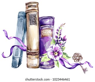 Watercolor Illustration. A Pile Of Old Books With A Bow, Pansies, Leaves And Key. Antique Objects. Spring Collection In Violet Shades. ClipArt, DIY, Scrapbooking Elements. Holiday Decoration.