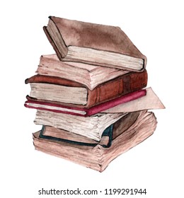 Watercolor illustration. A pile of old books with. Antique objects.