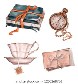 Watercolor illustration  A pile old books and bow  pocket watch  cup tea   envelopes  Antique objects 
