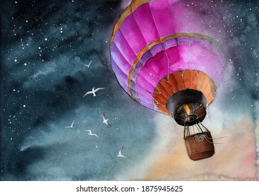 Watercolor Illustration Of A Pink Air Baloon In Starry Night Sky With White Seagulls