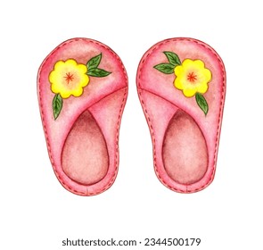 Watercolor illustration of pink baby booties with yellow flowers. Newborn, hello, baby, toddler, toddler, poster, nursery decor, greeting card, invitation card, baby shower, birthday. - Powered by Shutterstock