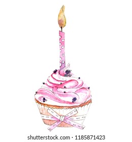 Watercolor Illustration Of A Pink Cupcake With Candles, Illustration For A Birthday Card, For A Poster, Holiday Decorations