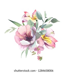 Watercolor illustration of pink flowers and green leaves. Bouquet of peony and blosom flowers isolate in white background. Floral element for wedding and invitation cards, for valentine cards