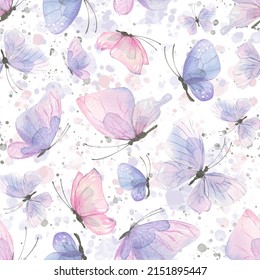 Watercolor illustration of pink and lilac butterflies. Seamless pattern, gentle, airy with splashes of paint. For fabric, textiles, wallpaper, prints, scrap paper.