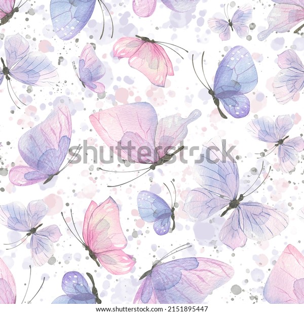Watercolor illustration of pink and lilac butterflies. Seamless pattern, gentle, airy with splashes of paint. For fabric, textiles, wallpaper, prints, scrap paper.