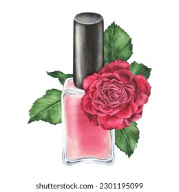 Watercolor illustration. Pink nail polish with a composition of rose and leaves.Hand drawn isolated clip art on white background.For manicure,beauty salons, cosmetic stores to create stickers,posters - Powered by Shutterstock