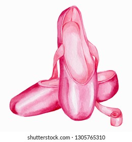 Watercolor illustration pink pointe shoes, with white isolated background