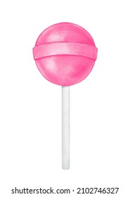 Watercolor illustration of pink round shaped lollipop on white stick. Hand painted water color sketchy drawing, cut out clip art element for design decoration, party invitation, print, sticker, card.