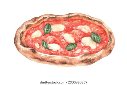 Watercolor illustration. Pizza with mozzarella and basil. Hand-drawn national cuisine of italy. Isolated on a white background. To create restaurant menu designs, pizzeria advertising, cookbooks - Powered by Shutterstock