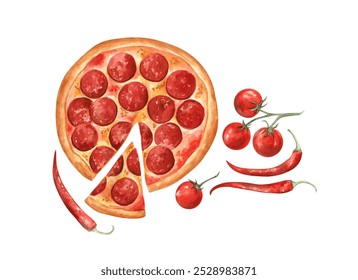 Watercolor illustration of pizza pepperoni decorated with tomatoes and chili pepper; isolated on white - Powered by Shutterstock