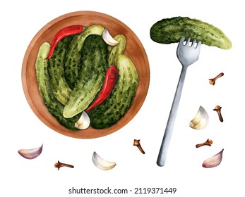  Watercolor Illustration A Plate Of Pickled Homemade Cucumbers. Cucumber On A Fork. Homemade Canned Vegetables Isolated On White Background