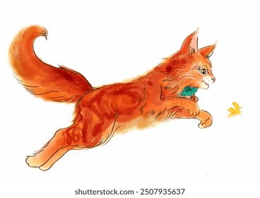 watercolor illustration of a playful ginger Maine Coon cat leaping mid-air, set against a clean white background - Powered by Shutterstock