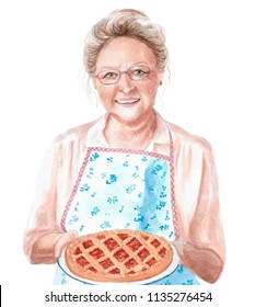 Watercolor Illustration Of A Portrait Of A Gray-haired Grandmother Or Aunt From The Village In An Apron With A Pie In Her Hands, A Drawing Of A Woman's Cook