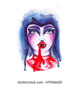 Watercolor Illustration Of A Portrait Vampire Girl With Bite Marks On His Neck. Red Lips With Sharp Fangs And Blood Drops. Celebrate Halloween Party.