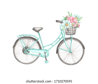 Watercolor Illustration Yellow Bicycle Flowers Hydrangea Stock Vector ...