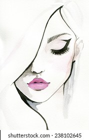Watercolor illustration of pretty woman.