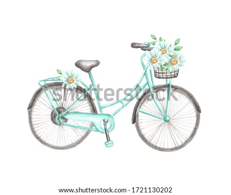 Watercolor illustration in provence style. Bicycle with a basket. Chamomile flowers. Illustration is isolated. In turquoise, gray and yellow colors. For printing on postcards, stickers, notebooks