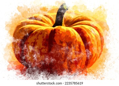 Watercolor illustration pumpkin  Rustic still  life food painting  Orange pumpkin background 